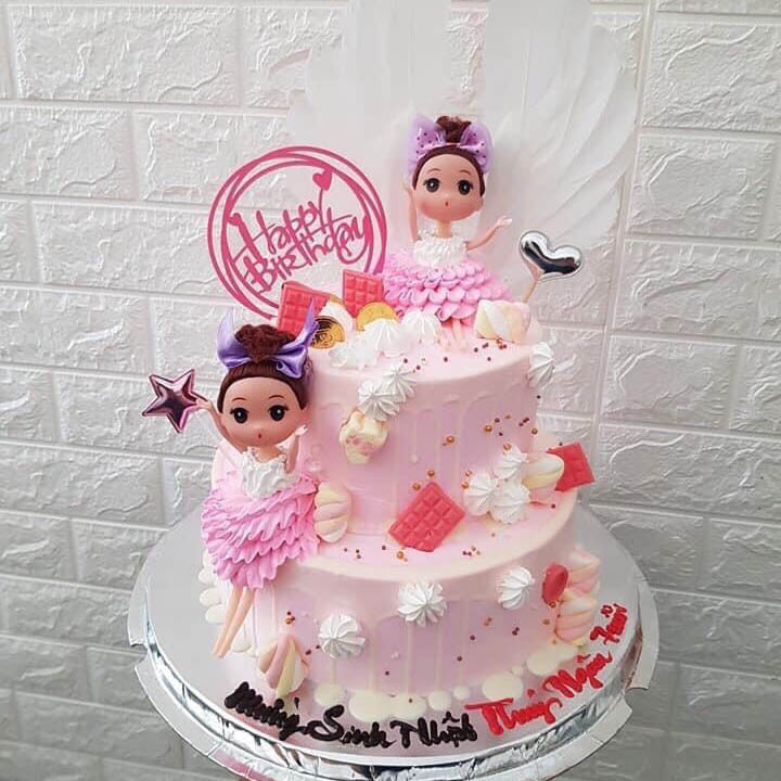 Bánh sinh nhật kem tươi đôi bé trai bé gái hồng xanh HTBakery-11341 -  HTBakery