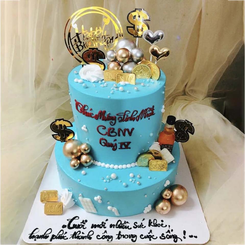 Bánh gato trang trí 3 tầng màu xanh kỷ niệm 15 năm thành lập công ty - Bánh  Thiên Thần : Chuyên nhận đặt bánh sinh nhật theo mẫu