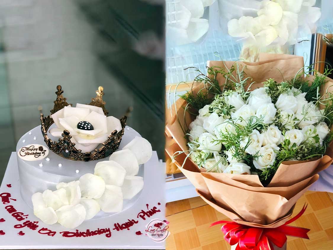 Bánh kem kèm hoa tươi