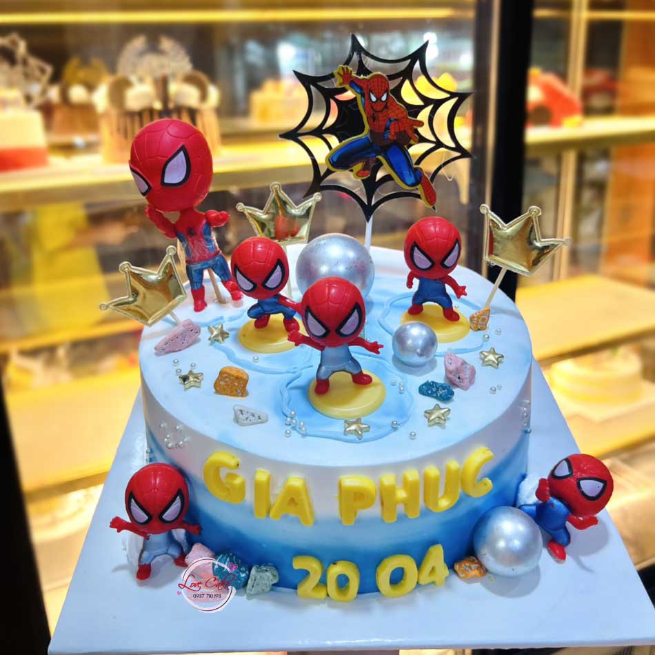 Bánh sinh nhật 2 tầng màu xanh hình người nhện và những chiếc ô tô chất  ngầu  Bánh Thiên Thần  Chuyên nhận đặt bánh sinh nhật theo mẫu