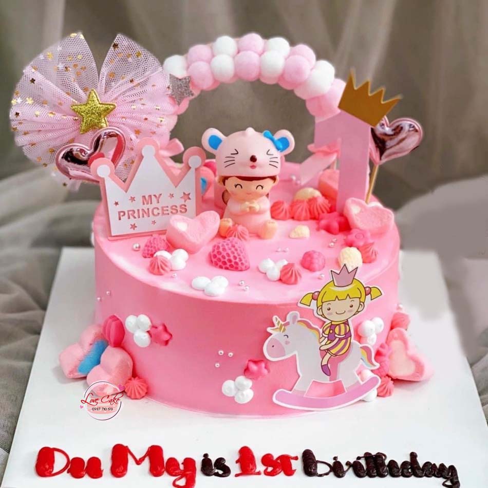 Bánh sinh nhật tuổi chuột màu hồng cho bé