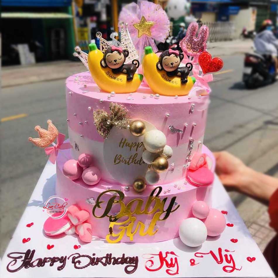 Bánh gato sinh nhật hai tầng hình con khỉ, bánh tông hồng thích hợp tặng bé  gái 3610 - Bánh Gato fondant