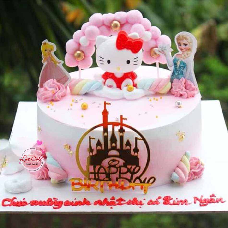 Bánh sinh nhật tone hồng trang trí hello kitty