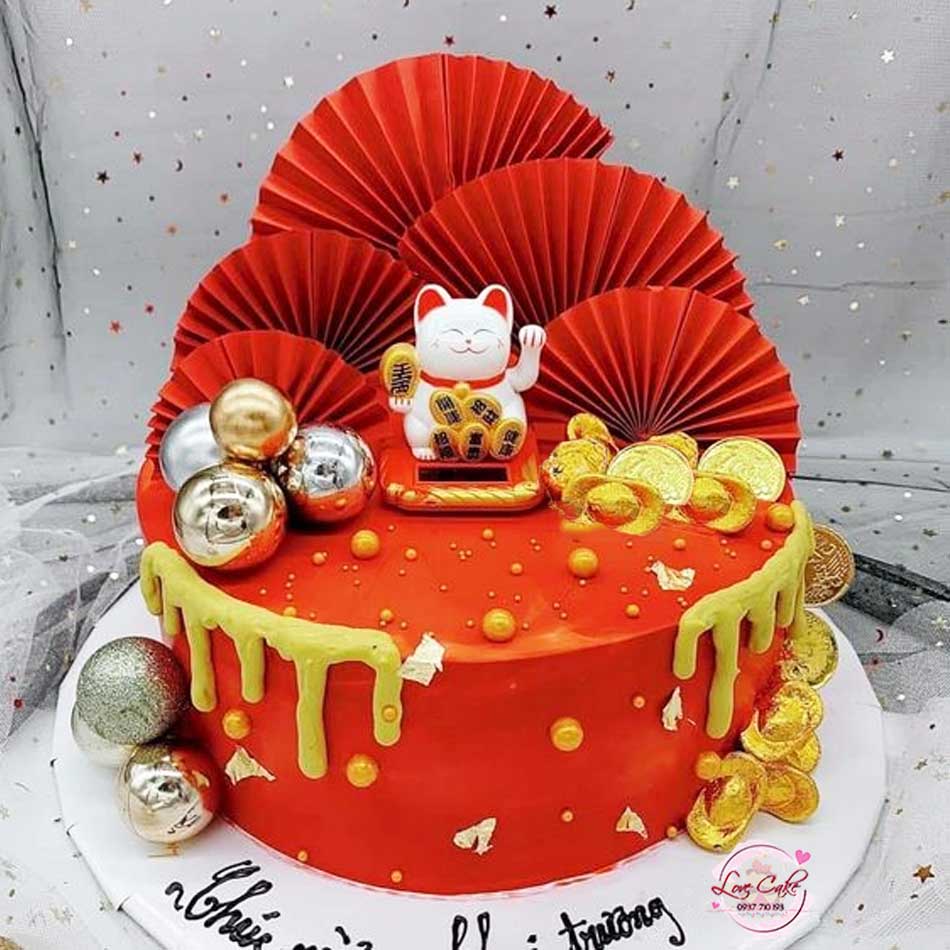 Bánh sinh nhật mèo thần tài hồng phát