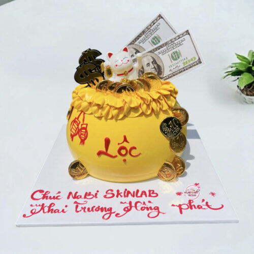 bánh mèo khai trương sang trọng hình hũ vàng mèo thần tài và đồng tiền