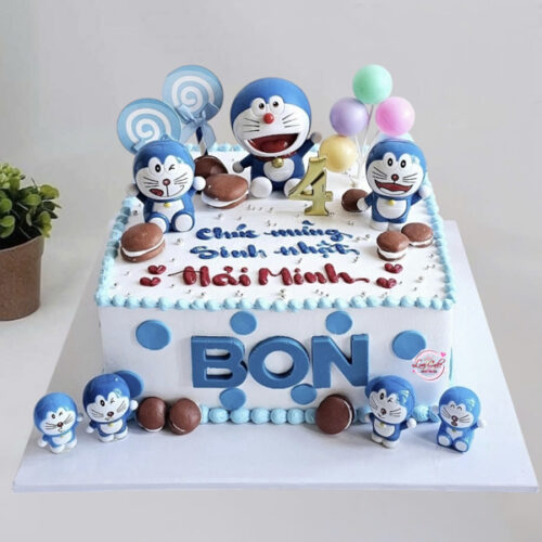 Bánh kem sinh nhật Doraemon cho bé trai tạo hình nhân vật Doraemon dễ thương màu xanh